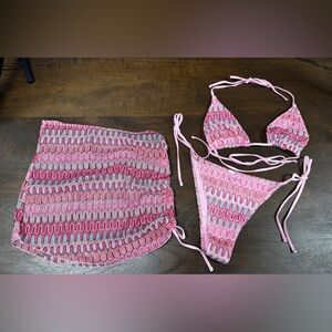 Pink Wavy Print Triangle Bikini with Matching Skirt-Unbranded